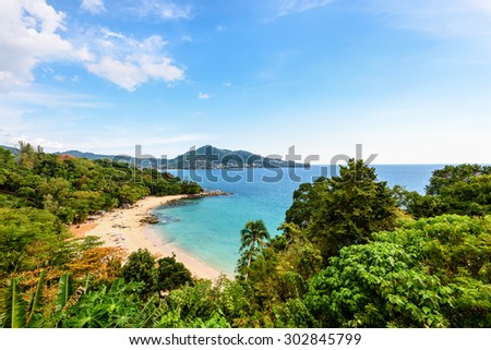 High scenic view beautiful landscape beach of Laem Sing Cape and Andaman Sea under blue sky in summer famous attractions in Phuket island of Thailand
