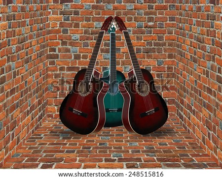 three guitars standing in the corner of the brick room