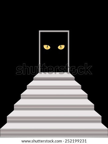 stairs leading to the door with intent cat\'s eyes in darkness