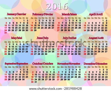 nice calendar for 2016 in English and French on colored background