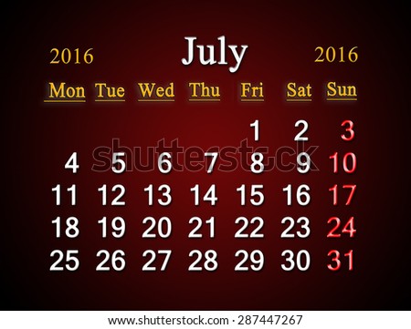 beautiful claret calendar on July of 2016. Calendar for printing and using in office life