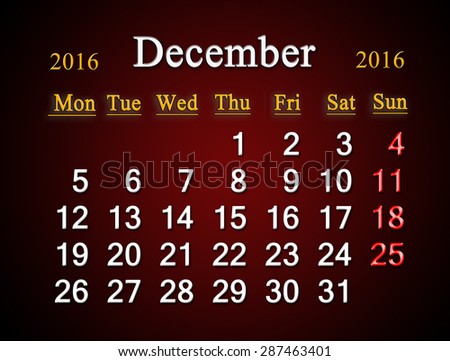 beautiful claret calendar on December of 2016. Calendar for printing and using in office life