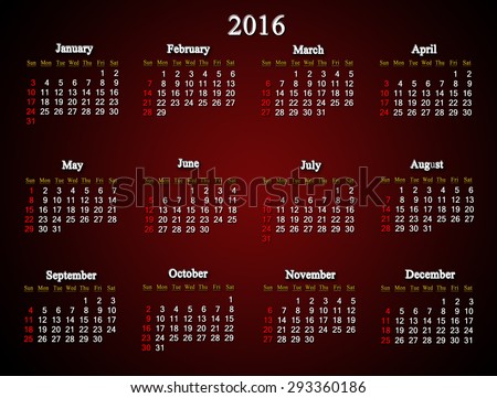 beautiful claret calendar for next  2016. American variant. Calendar for printing and using in office life.