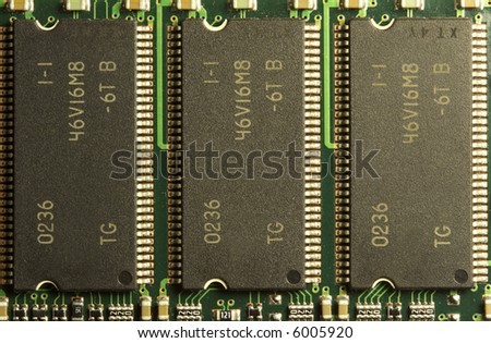close up of a computer RAM memory chips in a row.