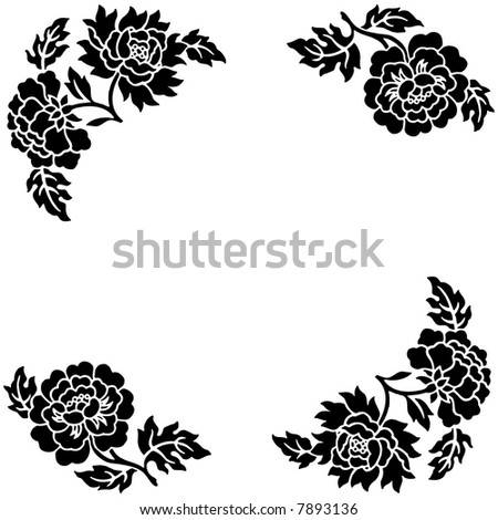 black flower outline over white background with space for text.