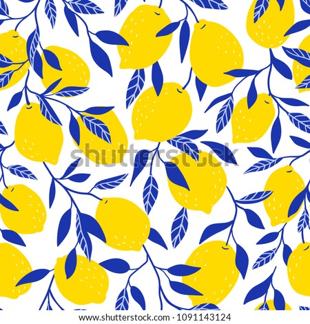 Tropical seamless pattern with yellow lemons. Fruit repeated background. Vector bright print for fabric or wallpaper.