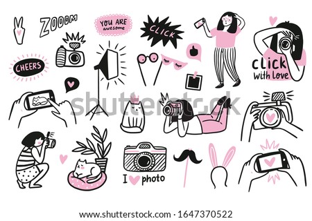 Vector funny illustrations in hand-drawn style. Young woman takes pictures of cute cat. Photographers and model. Photo shoot in a photo studio. 