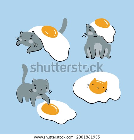 Cute cat and fried eggs isolated design elements. Vector animal illustration. Baby cats sticker pack for cat lovers on blue background. Kawaii cats and fried eggs card.