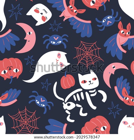 Seamless pattern with pumpkins, cats and ghosts on navy blue background. Vector Halloween texture in flat style. Halloween cat and pumpkin repeated pattern design.