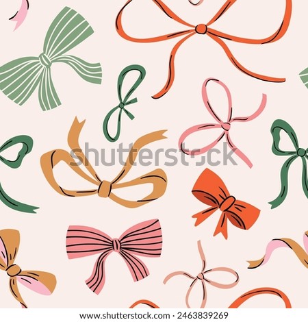 Vector colorful Bow knots, gift bows seamless pattern. Hand drawn bow repeated illustration. Wedding celebration, holiday, party decoration, gift, present concept. 