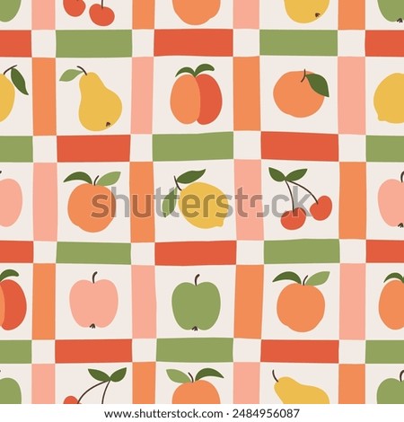 Geometry and fruit seamless pattern design. Checkered bright design for  tablecloth and other kitchen things. Vector simple and stylish seamless print design