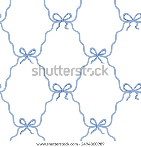 Vector cute coquette seamless pattern.  Blue ribbon bow isolated on white background for fabric , wallpaper or wrapping paper. Classic elegance print design.