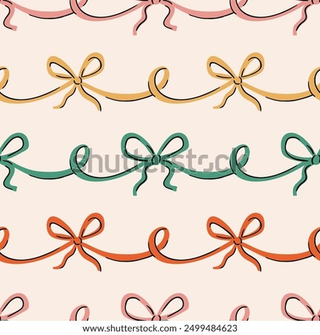 Seamless pattern colorful satin bow knots. Repated pattern design for Christmas, birthdays, weddings, Valentine's day wrapping paper. Seamless pattern of coquette vintage narrow ribbon bows. 