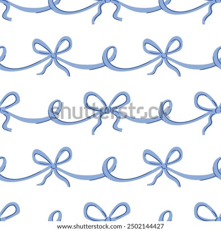 Seamless border of satin bows. Repeated pattern made of blue silk ribbons. Decor for birthdays, weddings, Valentine's day. Decoration in vintage elegance style on a white background.