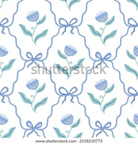 Vector cute coquette floral seamless pattern.  Preppy blue ribbon bow and flowers isolated on white background for fabric , wallpaper or wrapping paper. Classic elegance print design.