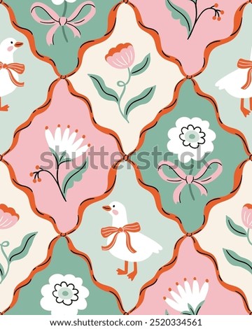 Vector preppy coquette seamless pattern.  Bows, flowers and white goose. Floral elegance damask design for fabric, wallpaper or wrapping paper. Vintage floral seamless print