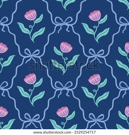 Vector cute coquette floral seamless pattern.  Preppy blue ribbon bow and flowers isolated on dark blue background for fabric , wallpaper or wrapping paper. Classic trellis elegance print design.