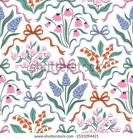 Vector coquette floral trellis seamless pattern.  Preppy  bows and floral bouquet isolated on white background for fabric , wallpaper or wrapping paper. Classic botanical elegance print design.