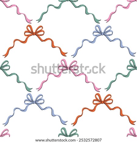 Vector cute coquette trellis seamless pattern.  Colorful ribbon bow isolated on white background for fabric , wallpaper or wrapping paper. Classic elegance print design.