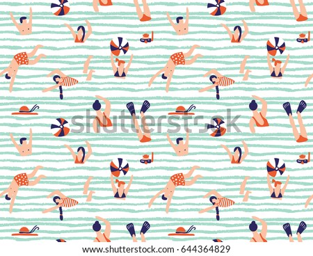 Summer seamless pattern. People swimming in the sea. Vector illustration with swimmers.