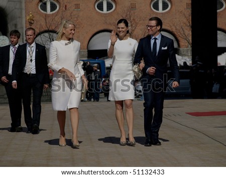 COPENHAGEN - APR 16: Princess Mette-Marit of Norway and Princess Victoria of Sweden visit Copenhagen for the celebration of the Queen\'s 70th birthday with other European Royals on April 16, 2010 in Copenhagen.