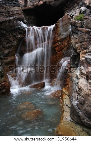 Slow shutter speed on a rocky waterfall to produce a silky effect on the water