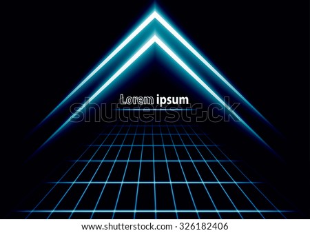 Blue glitter abstract futuristic perspective background with simple arrow logo. Vector illustration