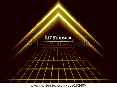 Golden glitter abstract futuristic perspective background with simple arrow logo. Vector illustration