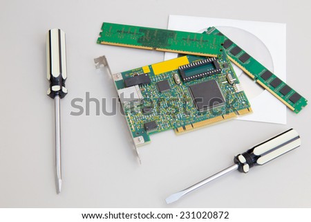 network card, two  screwdrivers, two RAM and disk On table top view