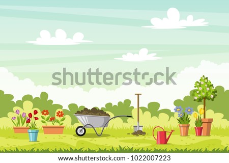 Landscape with differents garden tools