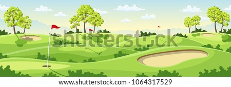 Countryside golf course with flags, greens and sand bunker. 