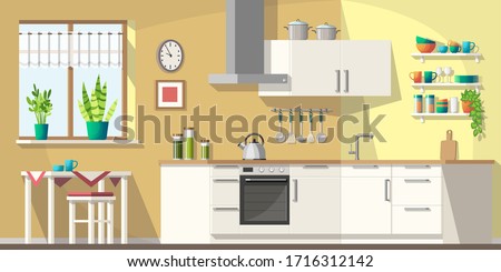 Kitchen with furniture and utensils. Vector illustration with separate layers.