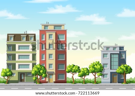 Illustration of colorful modern family houses with trees