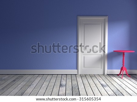 Front view of a empty room with blue wall, gray wood floor a pink table and a white door