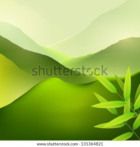 Green mountain landscape vector background with bamboo leaves