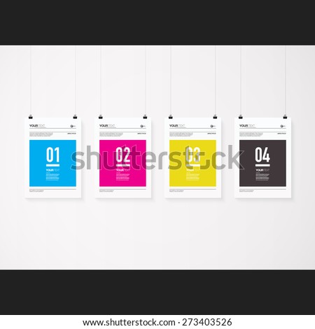 A4 / A3 format posters minimal abstract CMYK design with your text, numbers, paper clips and shadow Eps 10 stock vector illustration 