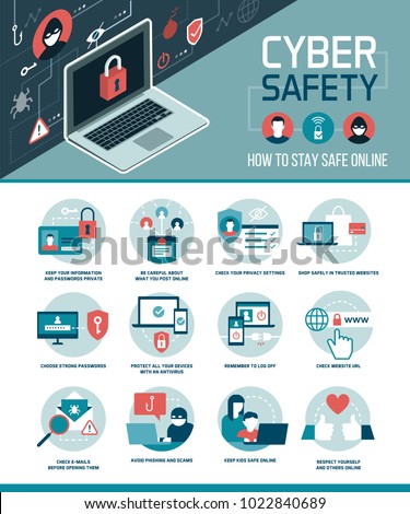 Cyber safety tips infographic: how to connect online and use social media safely, vector infographic with icons