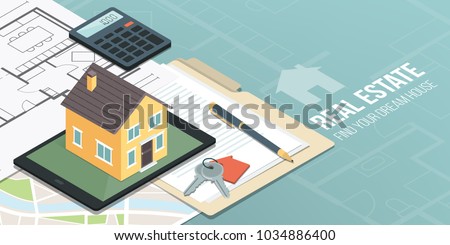Model house on a digital tablet, home project, map and contract: real estate, home insurance and loan concept
