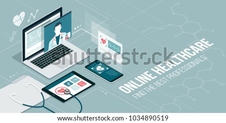 Online healthcare and medical consultation: doctor videocalling on a laptop and medical apps on mobile devices