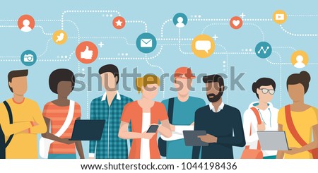 Young people social networking and connecting together online: community and internet concept