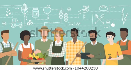 Multiethnic team of farmers working together and connecting with a tablet, network of concepts on the top: agriculture and food production