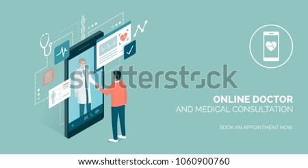 Patient meeting a professional doctor online on a smartphone and shaking hands, online medical consultation concept