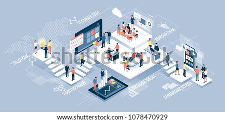 Isometric virtual office with business people working together and mobile devices: business management, online communication and finance concept