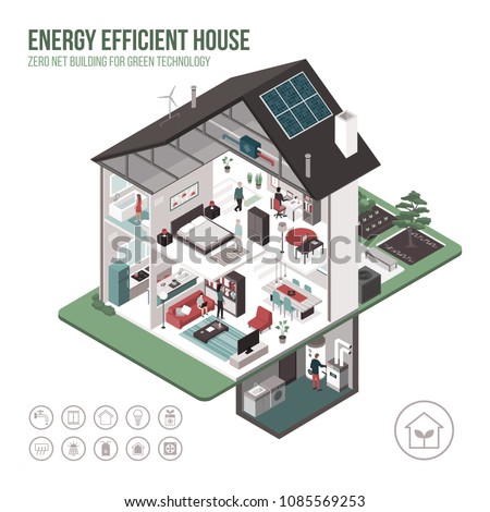 Contemporary energy efficient isometric eco house cross section and room interiors on white background with icons and people