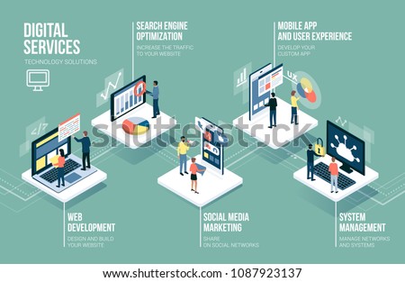 Web development, communication technology, social media and marketing services infographic with people, computers and touch screen devices
