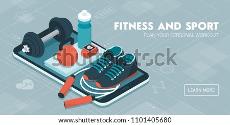 Fitness, training and workout app: sports equipment and icons on a touch screen smartphone