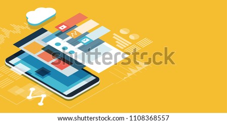 App development and web design: layered user interfaces and screens on a touch screen smartphone