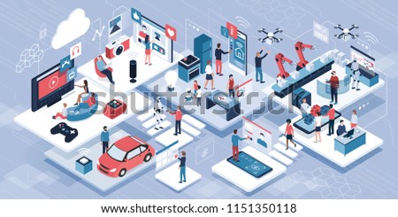 Blockchain, internet of things and lifestyle: people using connected devices and touch screen interfaces, robots and smart industry