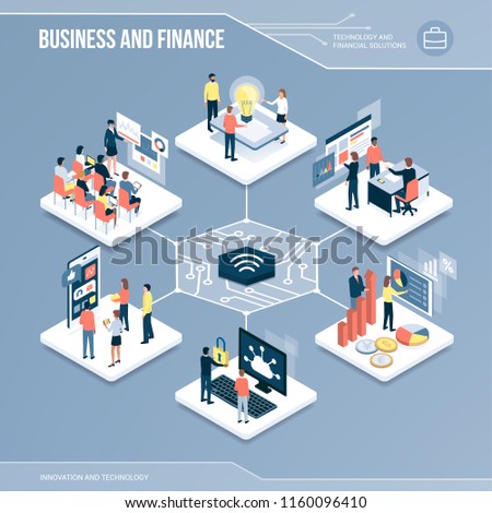 Digital core: business, finance and networks isometric infographic with people