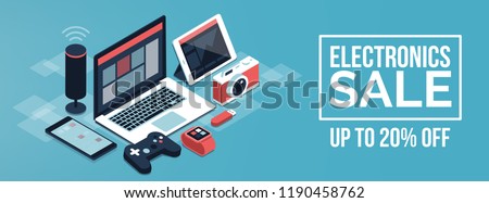 Electronics promotional shopping sale: computer, gadgets and touch screen devices